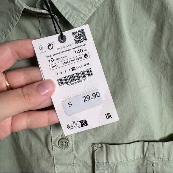 Zara NWT Girls Green Cropped Button Front Pocket Cropped Long Sleeve Top Size 10 - Picture 3 of 11